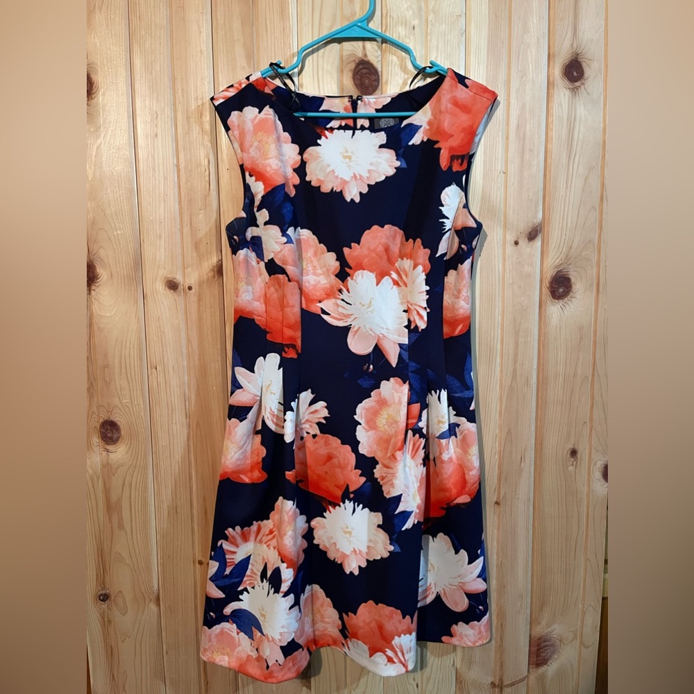 Navy, coral floral dress